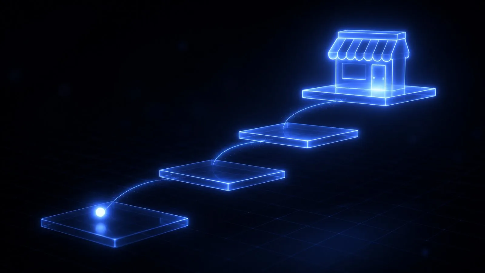 Four ascending glowing platforms — from a first spark of an idea to a thriving lit-up business.