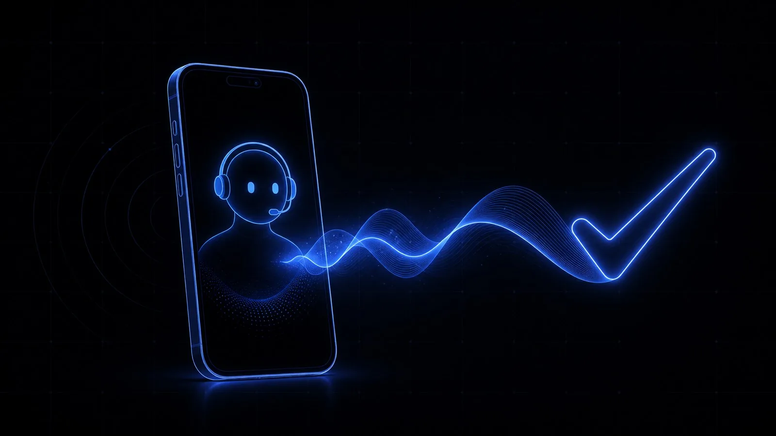 A neon phone showing an AI receptionist with a headset, a soundwave resolving into a checkmark, representing a call answered by AI.