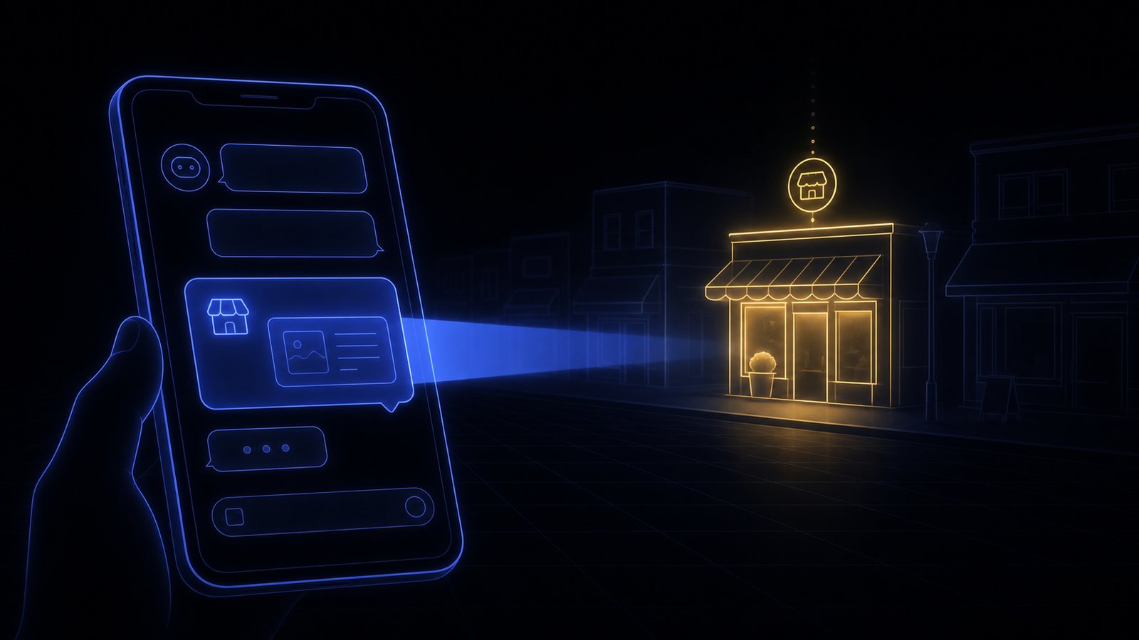 A glowing phone with an AI chat shining a beam of light onto one bright shop among dim ones — a business being chosen by an AI assistant.