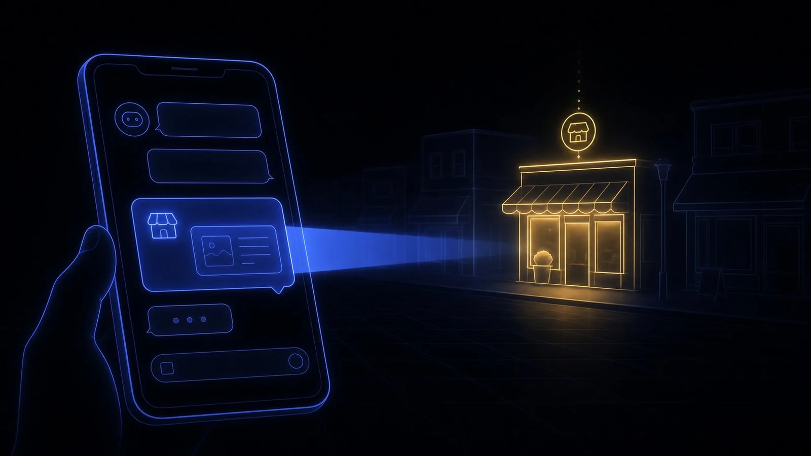 A glowing phone with an AI chat shining a beam of light onto one bright shop among dim ones — a business being chosen by an AI assistant.