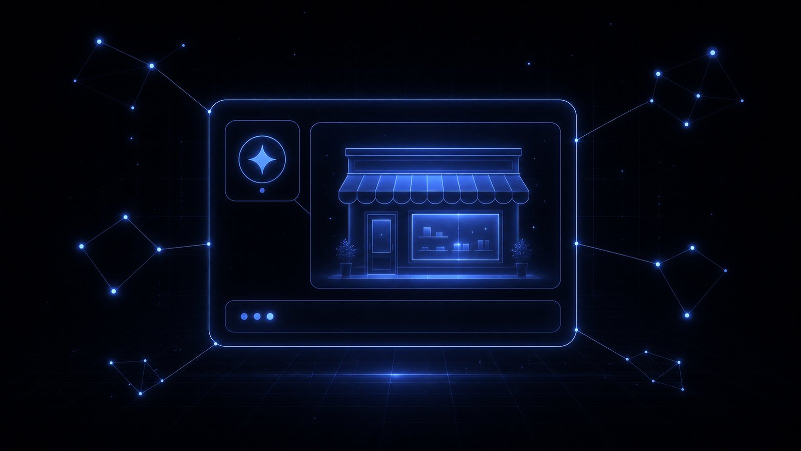A glowing AI answer panel presenting a small storefront as the answer, with citation lines connecting to points of light around it.