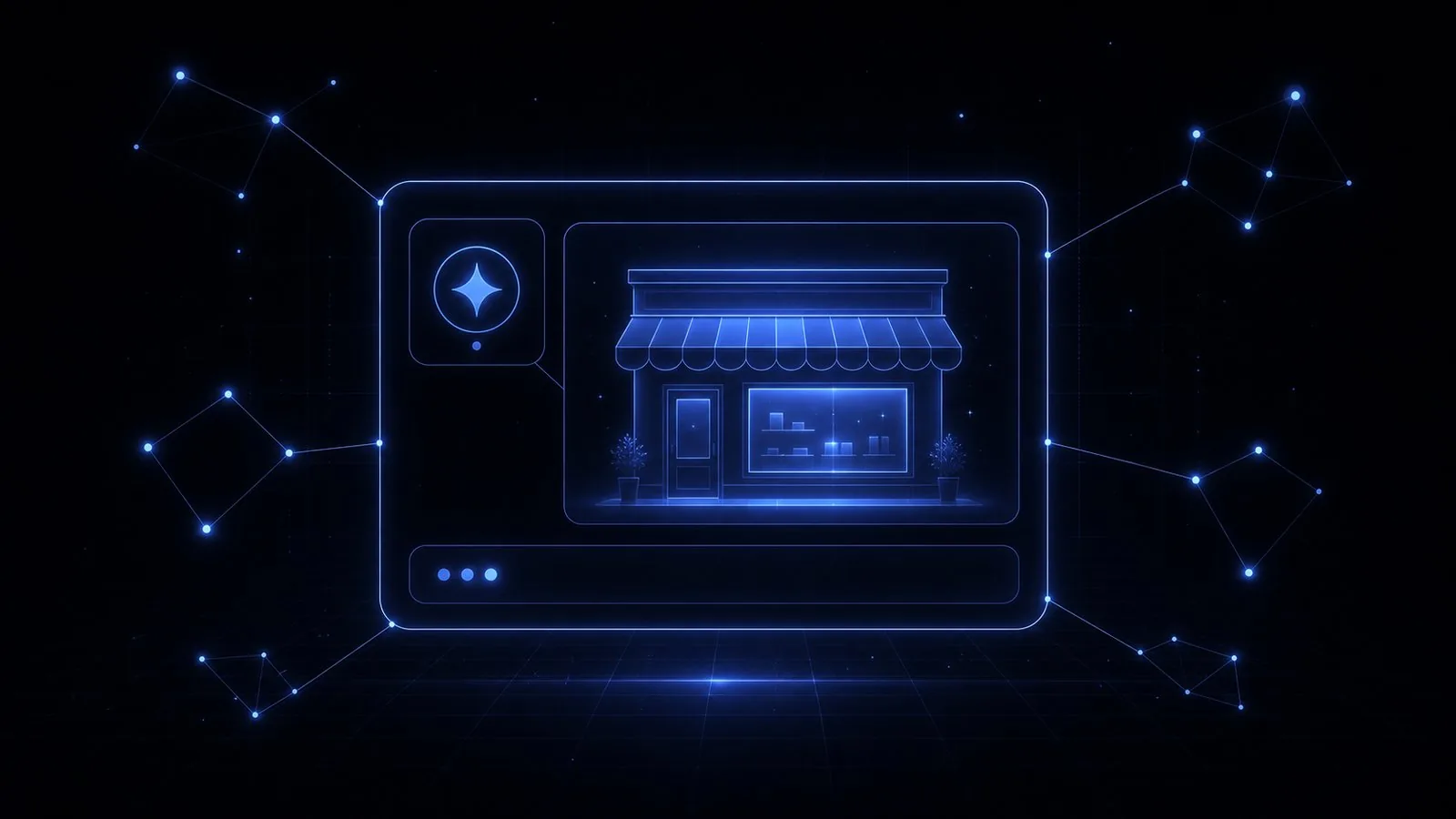 A glowing AI answer panel presenting a small storefront as the answer, with citation lines connecting to points of light around it.