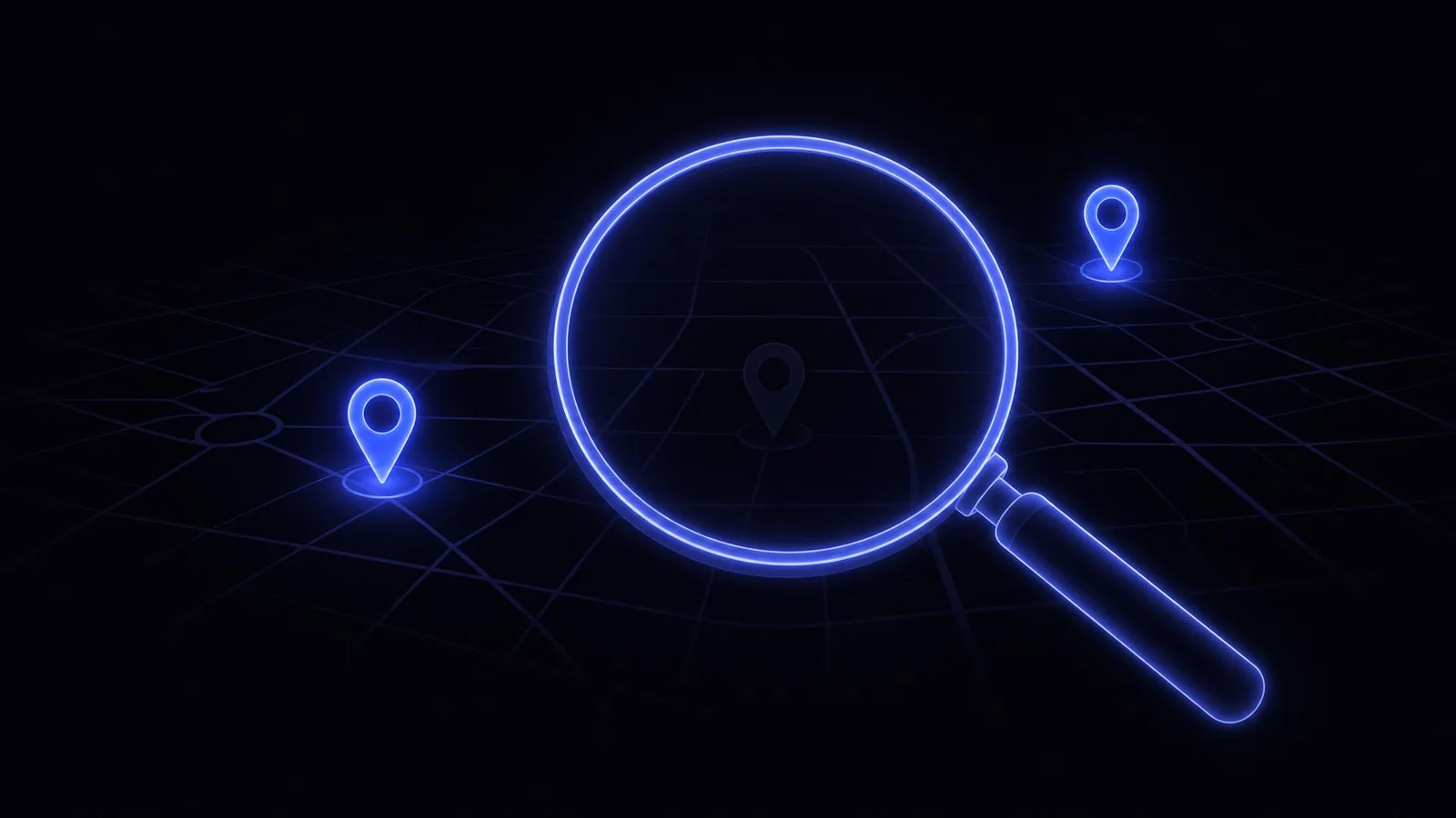 A glowing neon magnifying glass over a map where the central business pin is dim and hard to see among brighter competitor pins.
