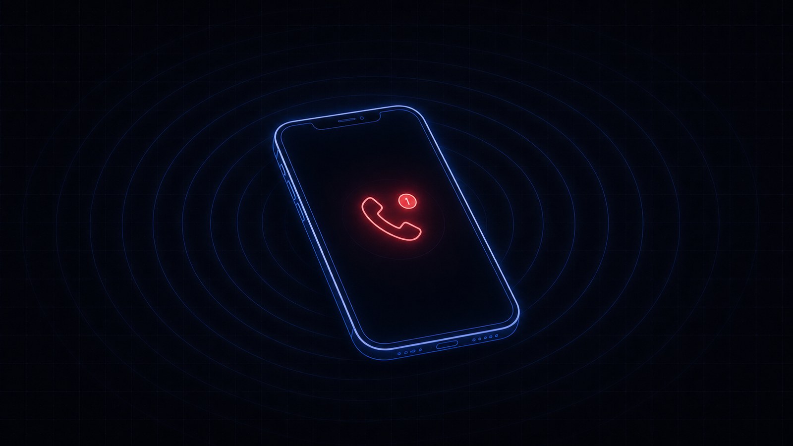 A smartphone glowing in neon blue with a red missed-call icon and sound waves fading into the dark, illustrating a missed business call.