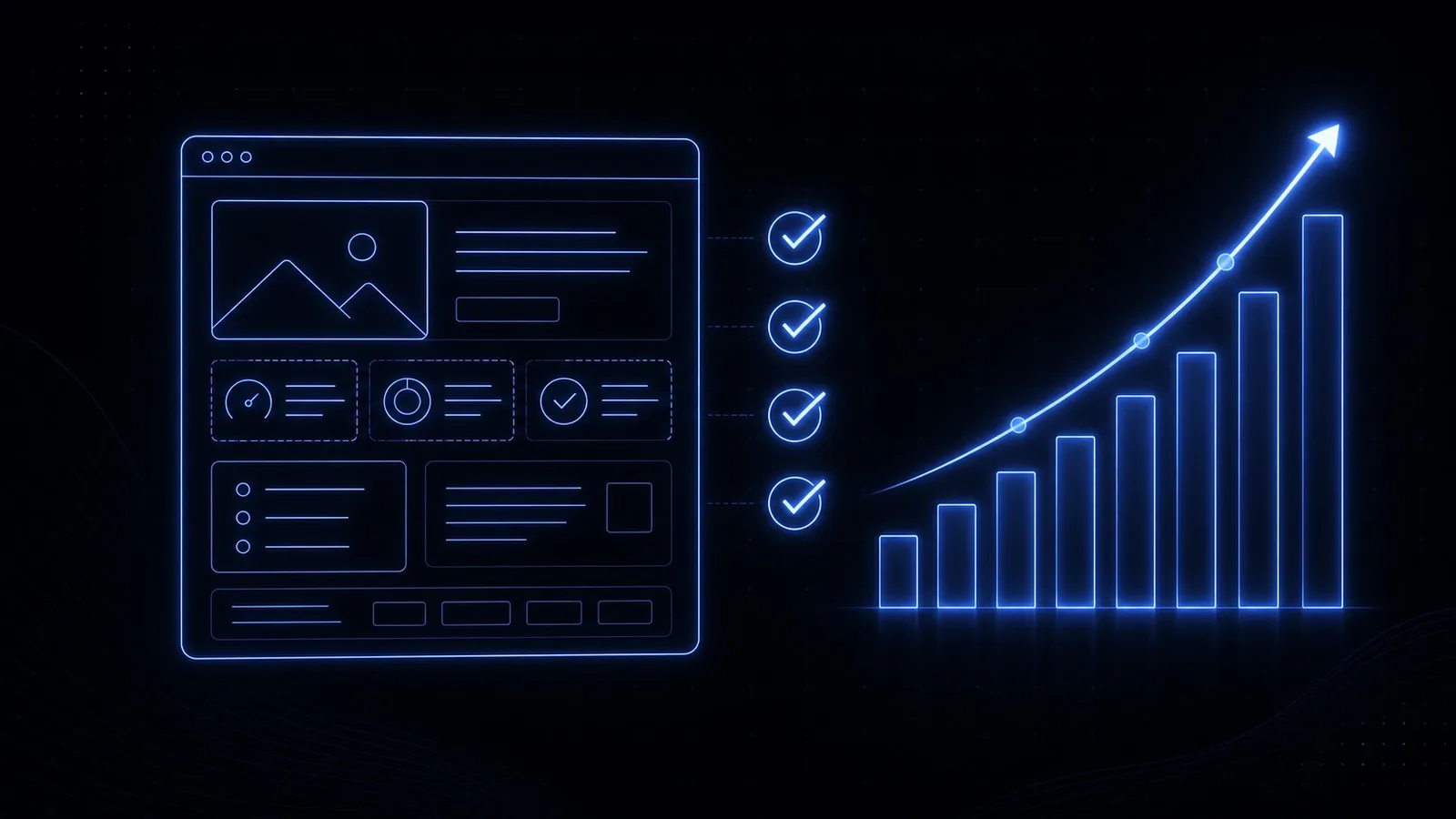 A website wireframe with a checklist and a rising ranking chart, representing an SEO audit.