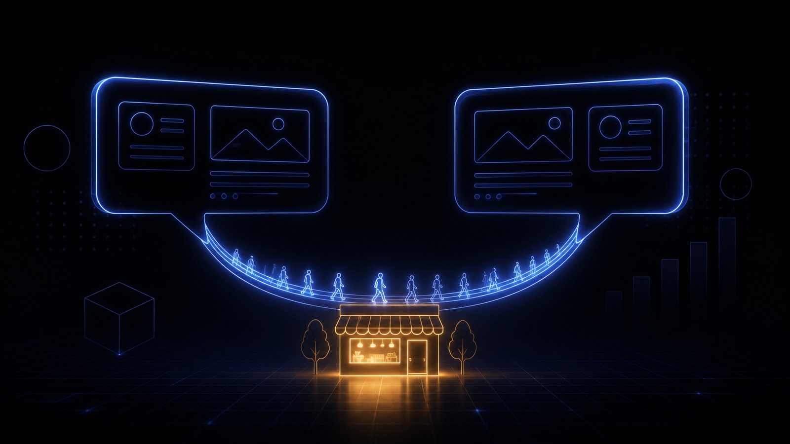 Two glowing speech bubbles forming a bridge of light, with customers crossing toward a welcoming storefront — the bilingual connection.