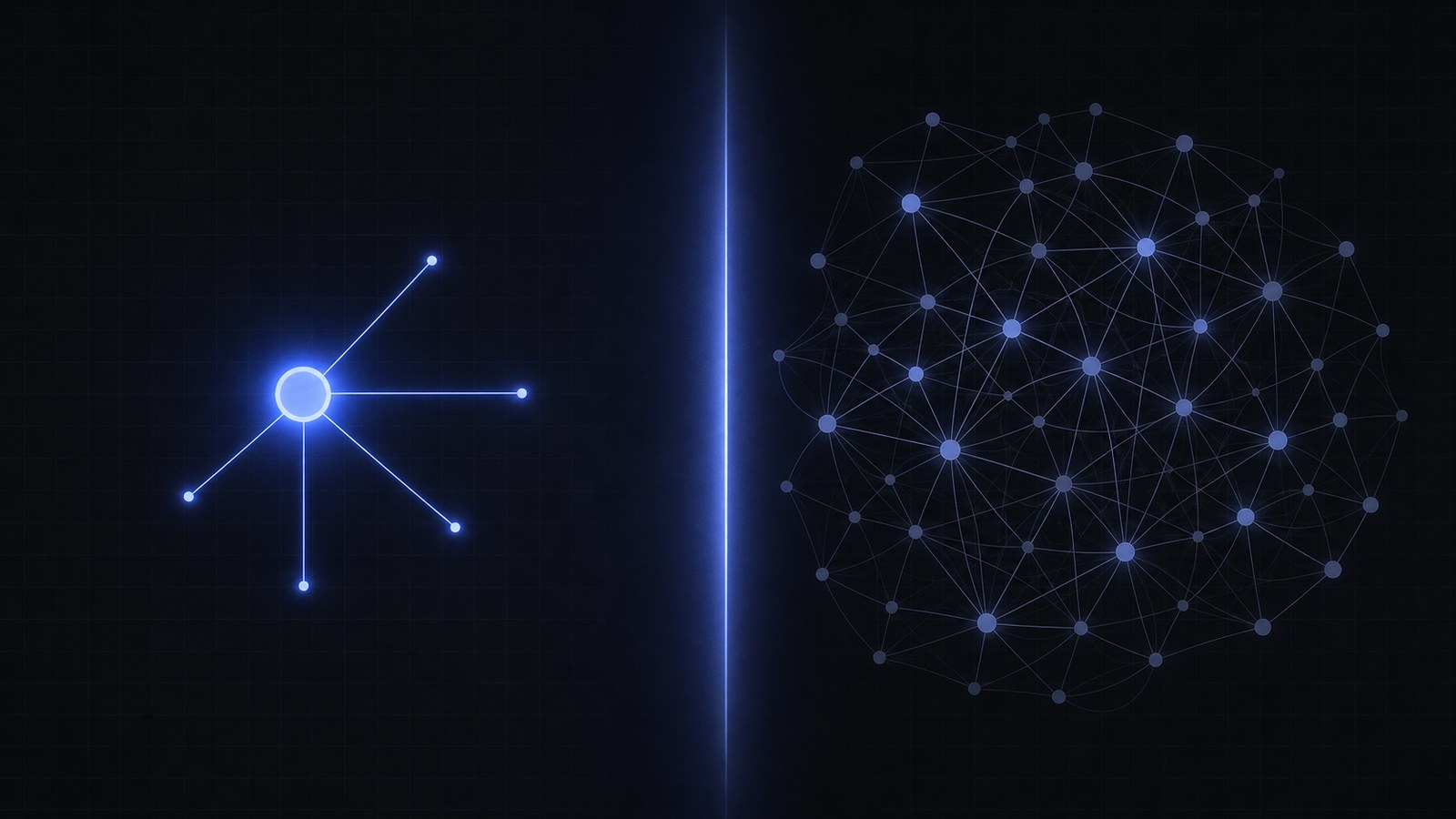 One bright glowing node on the left versus a large tangled cluster of dim nodes on the right, contrasting a lean AI studio with a bloated agency.
