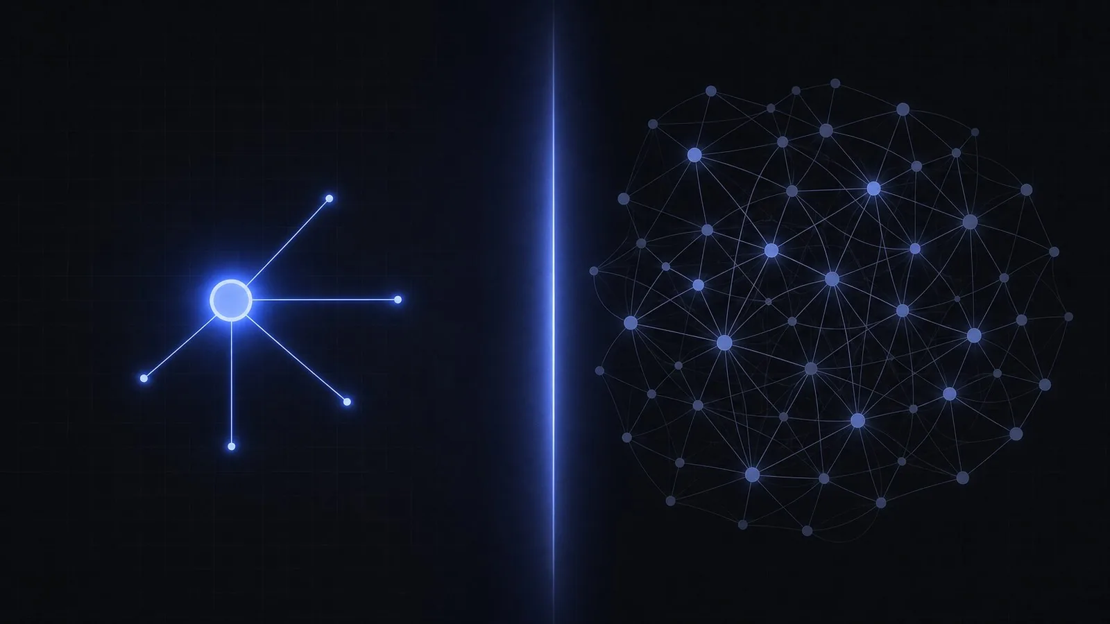 One bright glowing node on the left versus a large tangled cluster of dim nodes on the right, contrasting a lean AI studio with a bloated agency.