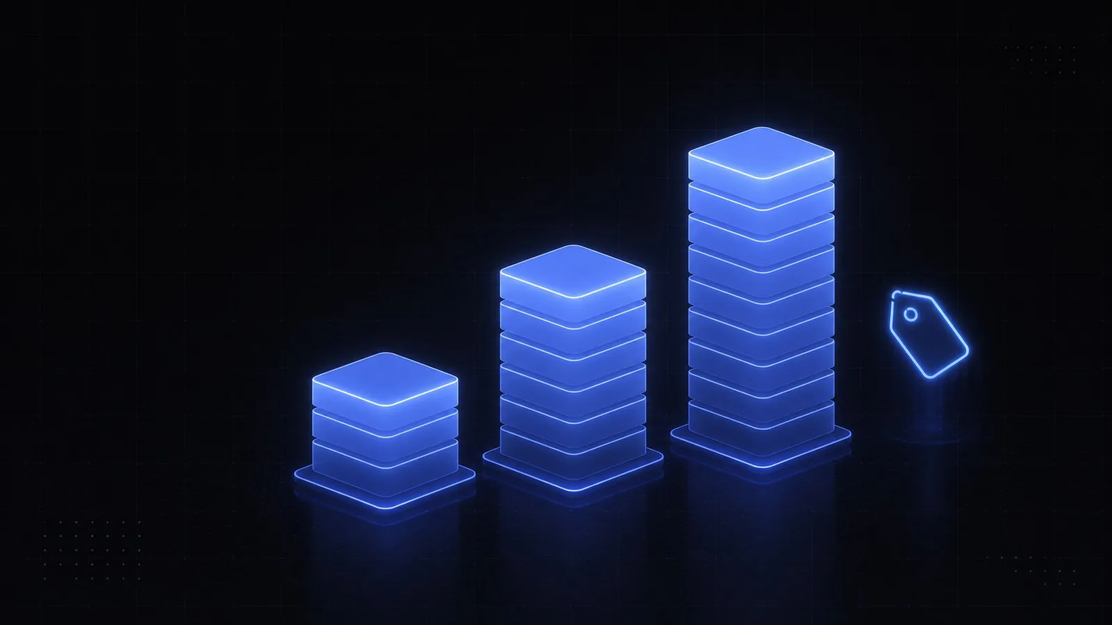 Three glowing neon tiers of increasing height with a price-tag icon, representing website pricing options.
