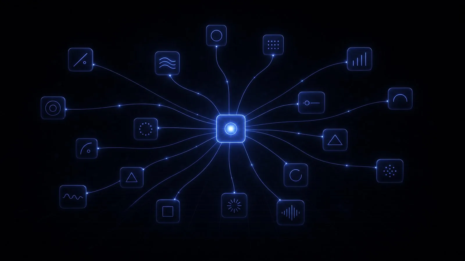 A constellation of twenty glowing service modules connected by threads of light — the Uppervox service catalog.